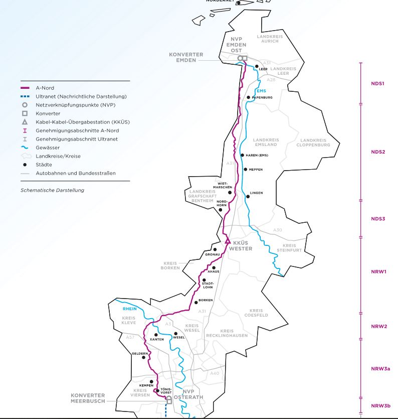 Übersichtsplan des Verlaufs der Stromleitung von Norddeutschland nach Meerbusch (NRW)